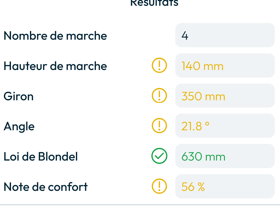 résultats de calcul de l'application easystairs